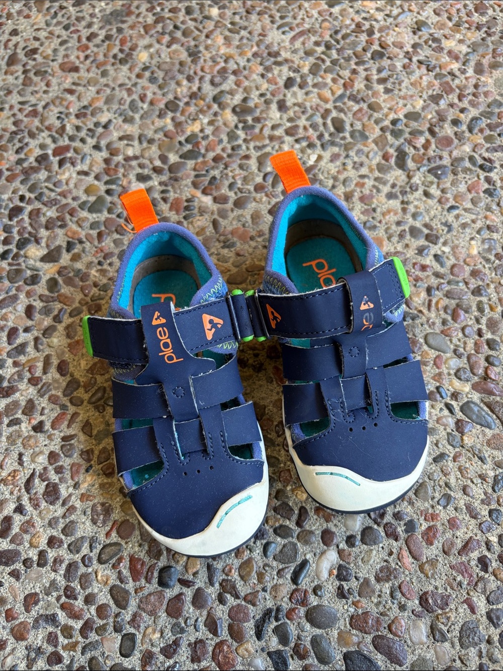 PLAE Kids Navy Sandals with Orange Pull Tabs and Lime Accents